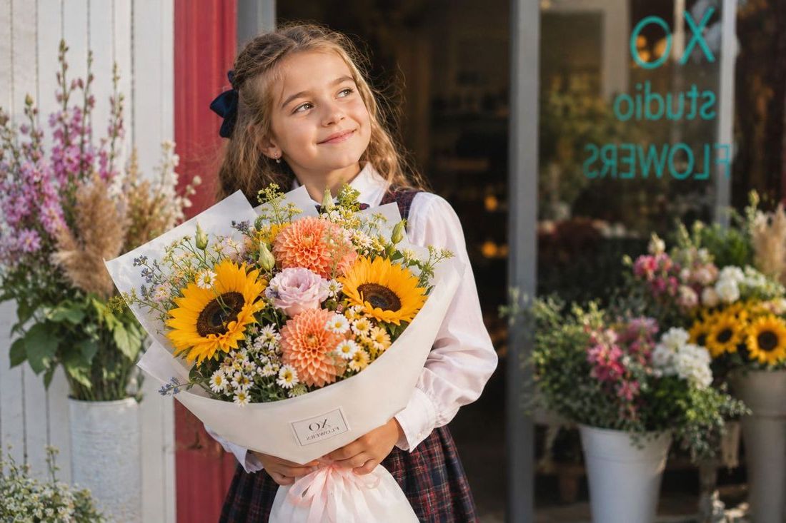 A first-grade girl with a bouquet of flowers from XOstudio FLOWERS.