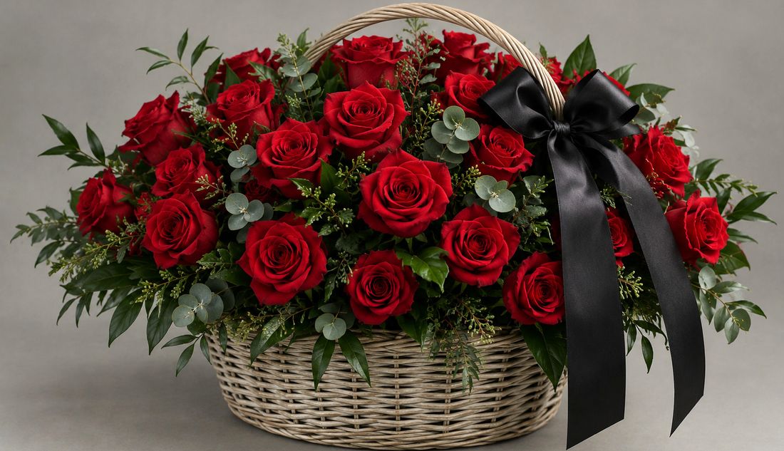 Red roses with floral greenery in a funeral arrangement in a basket.