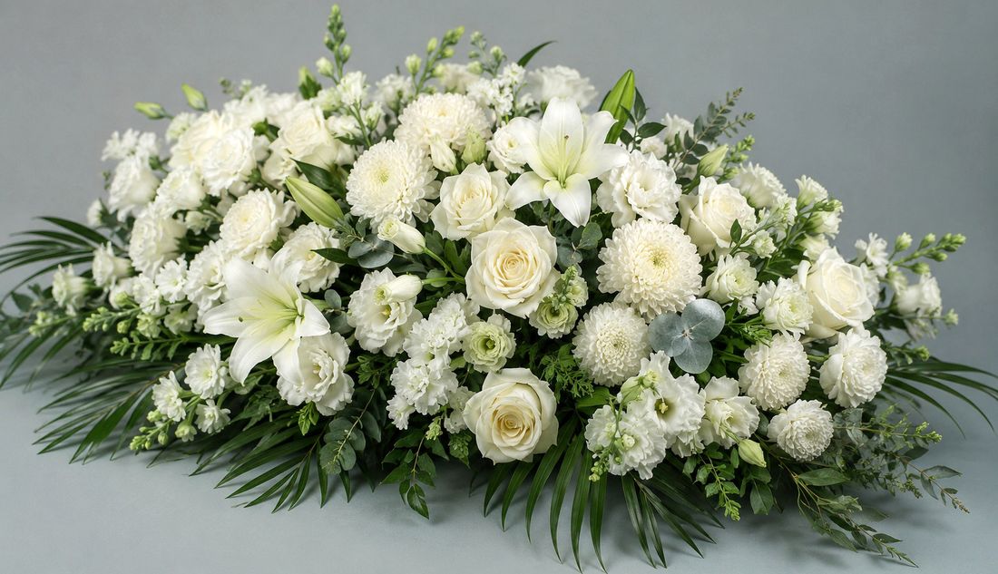 A funeral arrangement of white flowers - elegant and beautiful.