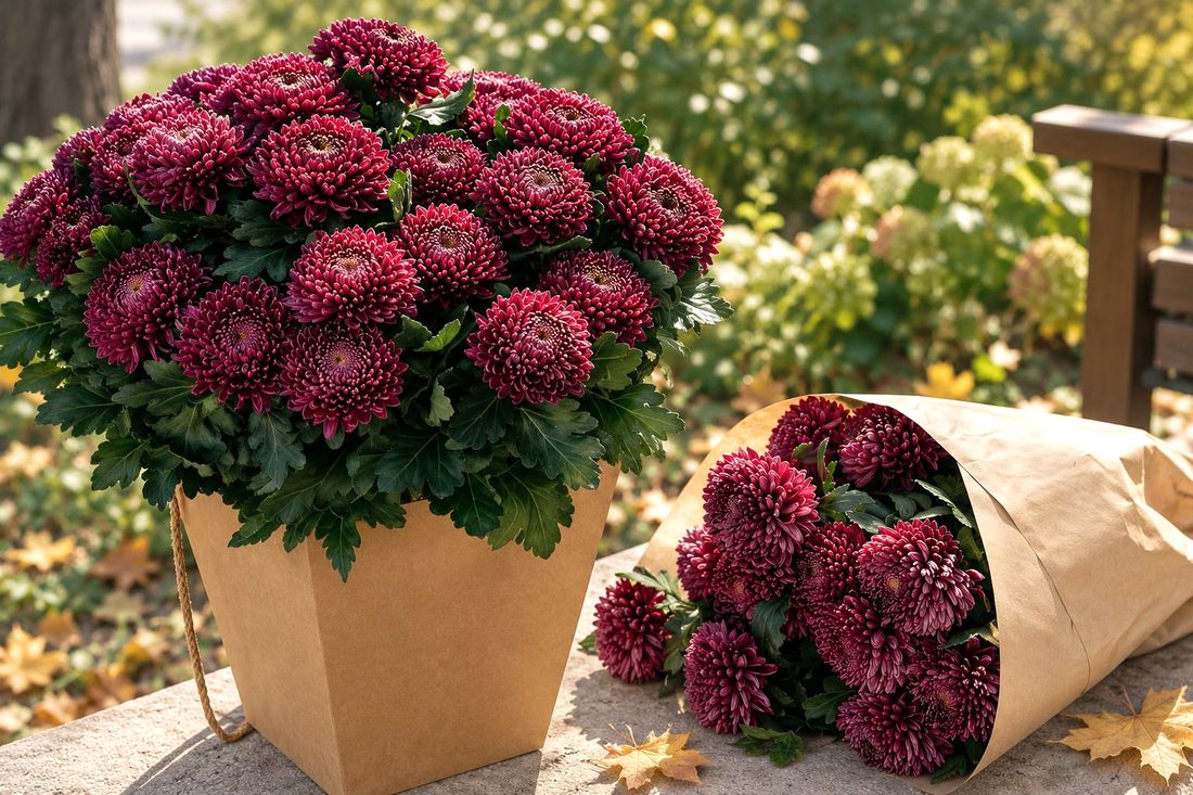 Moldovan chrysanthemums of the Bigudi variety in bouquets and baskets from XOstudio FLOWERS.