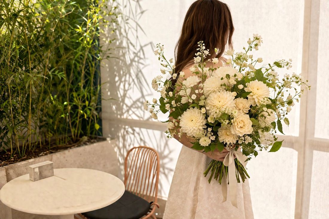 A woman received a bouquet of flowers by courier.